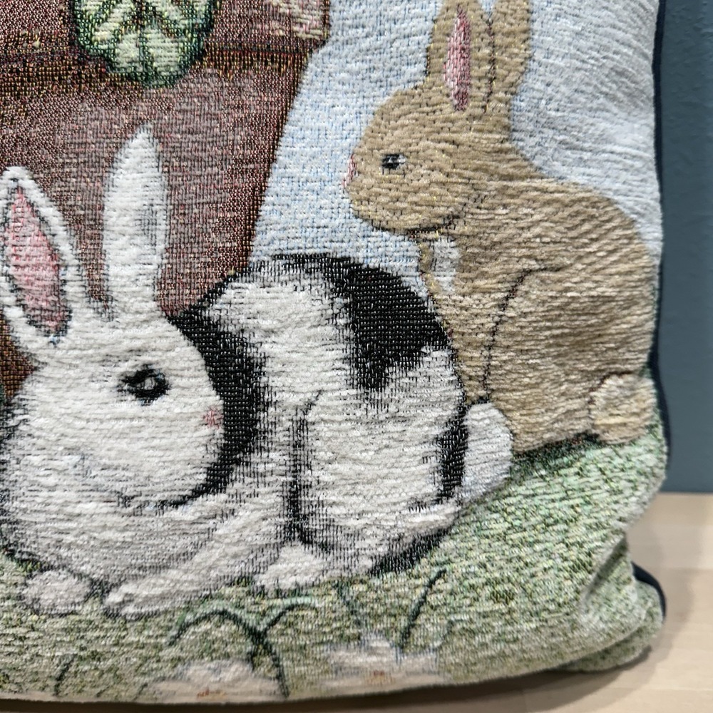 Bunny Rabbit Throw Pillow Soft Tapestry Floral Spring Summer Garden 16x16 Blue - Picture 5 of 10